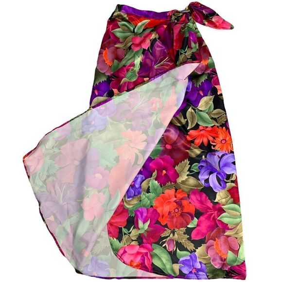 Vintage 80s Handmade Hawaiian Satin Wrap Skirt S Black Floral Tie Side